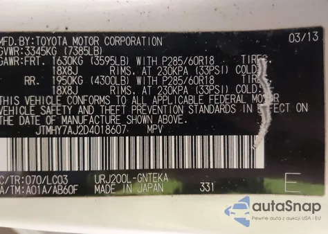 2013 Toyota Land Cruiser V8 из США, поврежденный, VIN JTMHY7AJ2D4018607